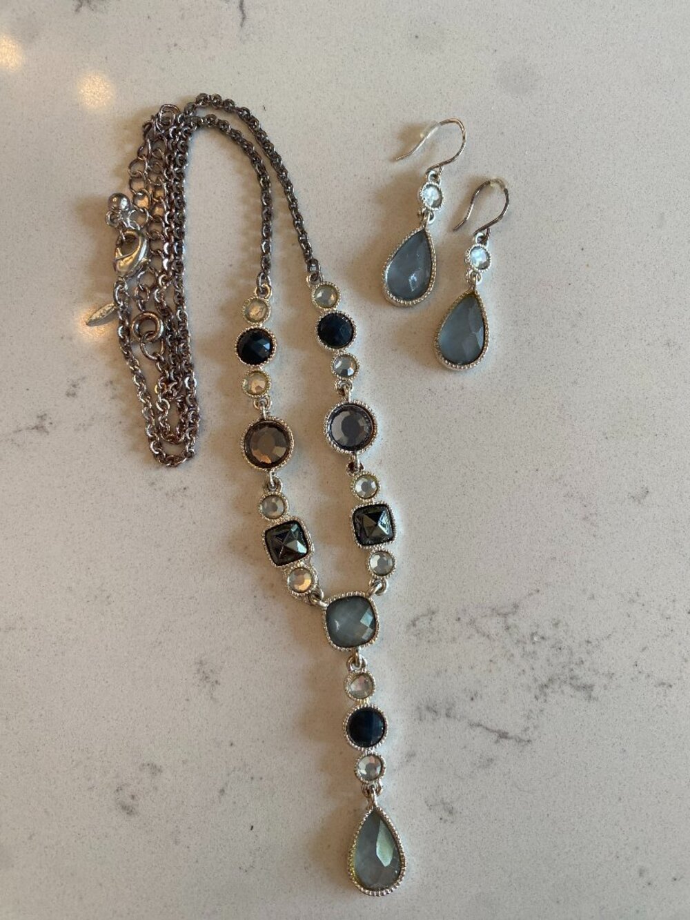 Avon Silver Tone Necklace Earrings Set Black Gray Faceted Crystal NIB